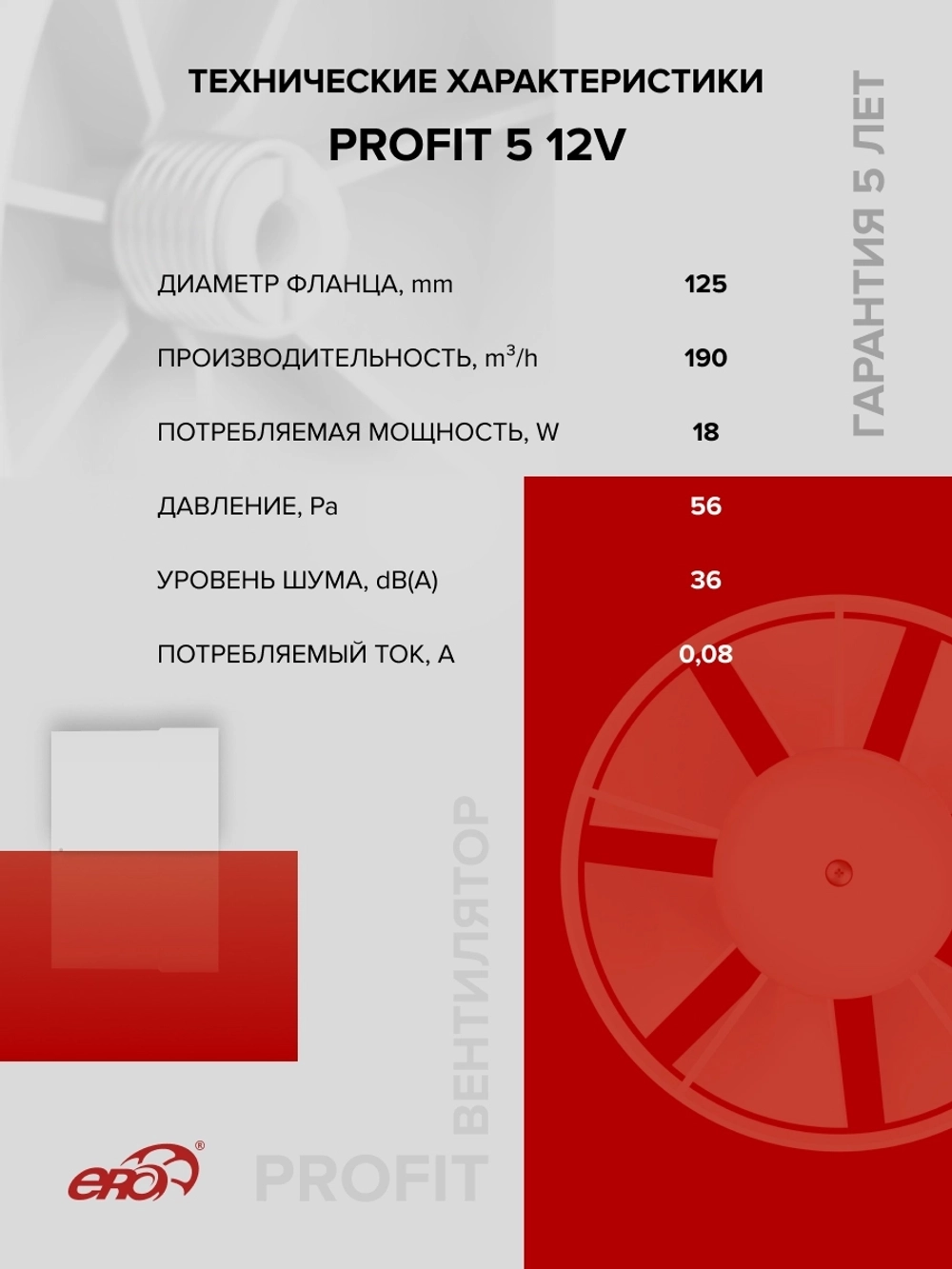Вентилятор канальный PROFIT D125 осевой двигатель 12В ERA