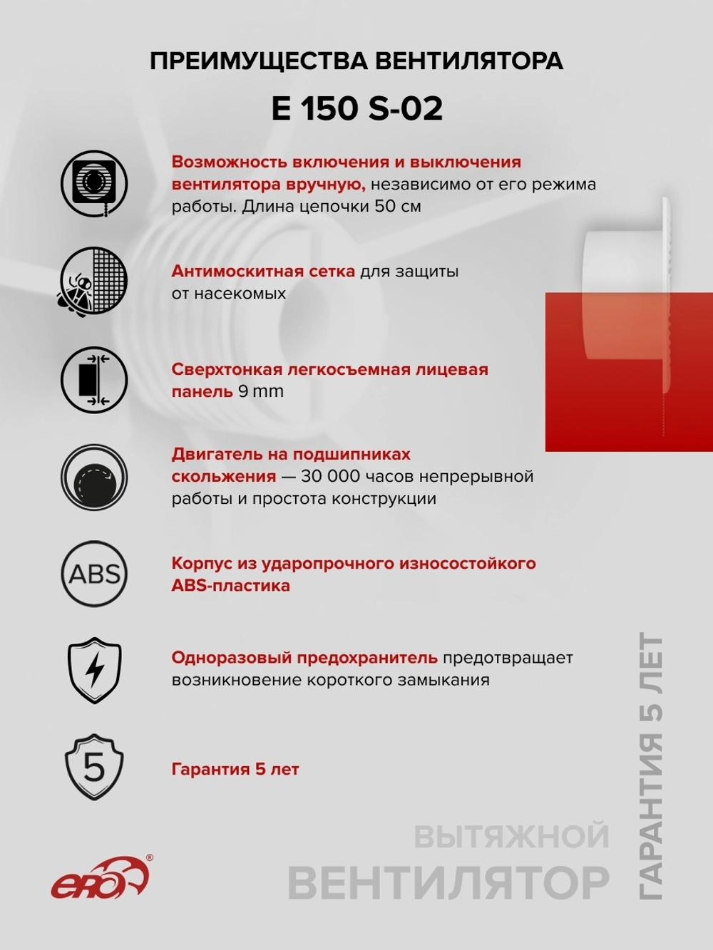 Вентилятор накладной E D150 сетка тяг.выкл. ERA